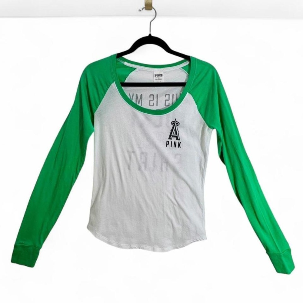 VS PINK x MLB Los Angeles Angels Lucky Raglan Tee Green/White Small long sleeve